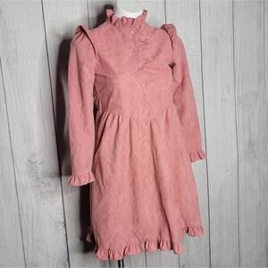Vintage 70s Girls Pink Ruffle High Collar Long Sleeve Prairie Dress, size 12